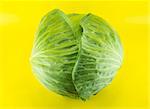 Fresh green cabbage on yellow background .