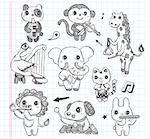 doodle animal music band icons set