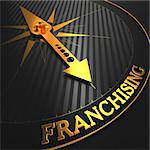 Franchising - Business Background. Golden Compass Needle on a Black Field Pointing to the Word "Franchising". 3D Render.
