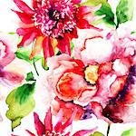 Seamless wallpapers with Beautiful Pink flower, Watercolor painting