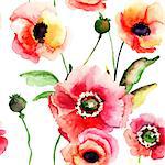 Seamless pattern with Poppy flowers, watercolor illustration