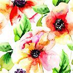 Stylized Poppy flowers illustration, seamless wallpaper