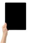 female teen hands holding tablet pc with black screen, isolated