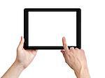 adult man hands using tablet pc with white screen, isolated
