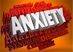 Anxiety - the Word in White Color on Cloud of Red Words on Orange Background.