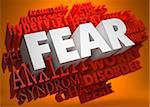 Fear - the Word in White Color on Cloud of Red Words on Orange Background.