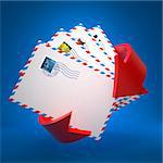 Some of Letters in Envelopes Surrounded Red Arrow on Blue Background. Communication Concept.