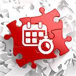 Time Concept.  Icon of White Calendar with Timer on Red Puzzle.
