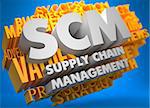 SCM - Supply Chain Management. The Words in White Color on Cloud of Yellow Words on Blue Background.