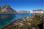 Panorama with old fishing port by the fjord on Lofoten islands in Norway