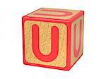 Letter U on Red Wooden Childrens Alphabet Block Isolated on White. Educational Concept.