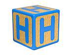 Letter H on Blue Wooden Childrens Alphabet Block  Isolated on White. Educational Concept.