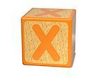 Letter X on Orange Wooden Childrens Alphabet Block  Isolated on White. Educational Concept.