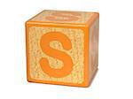 Letter S on Orange Wooden Childrens Alphabet Block  Isolated on White. Educational Concept.