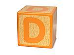 Letter D on Orange Wooden Childrens Alphabet Block  Isolated on White. Educational Concept.