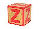 Letter Z on Red Wooden Childrens Alphabet Block  Isolated on White. Educational Concept.