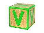 Letter V on Green Wooden Childrens Alphabet Block  Isolated on White. Educational Concept.