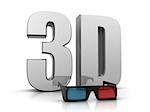 3d glasses and 3d metallic text on the white background