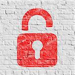 Red Icon of Opened Padlock on White Brick Wall. Grunge Background. Seamless.
