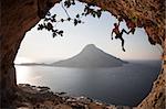 Rock climber at sunset. Kalymnos Island, Greece.