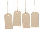 set of four empty tag on waxed cord with space for writing something, isolated on white background