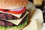 burger and potatoes on a dish