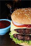 close up of hamburger on wooden table