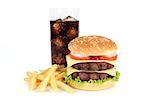 burger and fries on white background