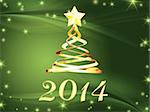 new year 2014 and golden christmas tree over green background with stars