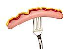 a sausage on a fork over white background