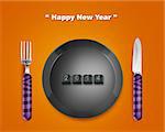 Happy new year 2014, keyboard buttons in plate with 2014 numbers with Fork and knife.