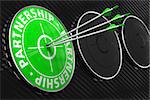 Partnership Concept. Three Arrows Hitting the Center of Green Target on Black Background.