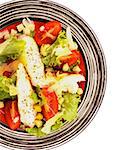 Caesar Salad with Grilled Chicken Breast, Garlic Crouton, Lettuce, Tomatoes and Grated Parmesan Cheese closeup on Striped Plate. Top View