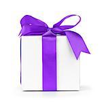 paper gift box wrapped with purple ribbon, isolated on white