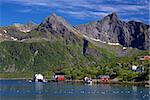 Picturesque fishing village of Kalle on the coast of fjord on Lofoten islands in Norway