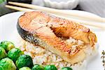 Fried salmon with rice and brussels sprouts on a plate