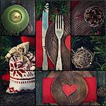 Restaurant series. Collage of rustic Christmas dinner.  Holiday luxury table setting with heart, red ornaments and holly