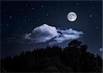 Night starry sky and moon over the mountain. Night cloudy sky. Halloween an christmas background