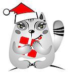 Cartoon Christmas cat with gift on  a white background.