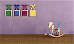Vintage play room with wooden horse and colorful frame with bow- rendering