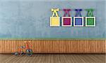 Vintage play room with tricycle e and colorful frame with bow- rendering