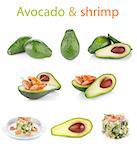 set fresh avocado with shrimp isolated on white background