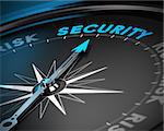 Compass needle pointing the word security. Concept image blue and black tones