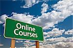 Online Courses Green Road Sign with Dramatic Sky and Clouds.