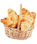 Fresh Baked Croissants in Wicker Basket isolated on white background