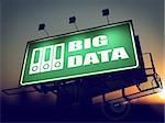 Big Data with Folders Icon - Green Billboard on the Rising Sun Background.