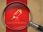 Vaccination Concept. Magnifying Glass with Syringe Icon on Old Paper with Red Vertical Line Background.