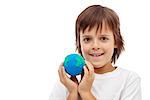 Happy kid holding earth globe made of clay - ecology concept, isolated