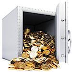 open safe with a bunch of gold coins. isolated on white.
