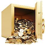 golden safe with a bunch of gold coins. isolated on white.